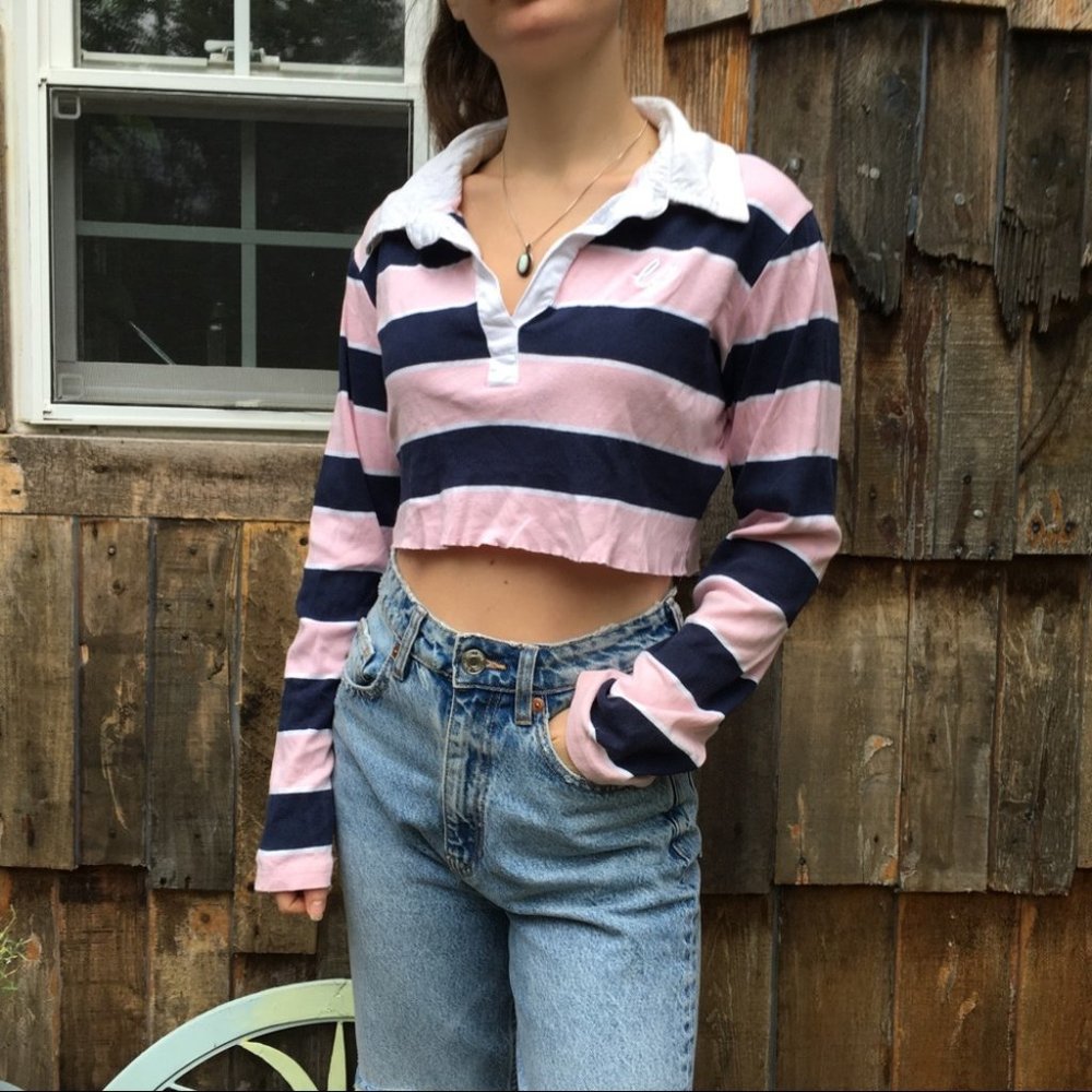 H&M Long Sleeve Polo Crop Top Pink and Navy Blue